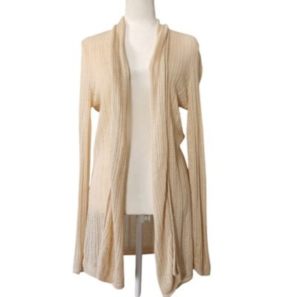 TAHARI 100% Linen Open Knit Cream Cardigan Sweater Women's L Minimalist Basics
